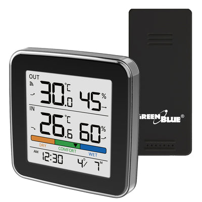 Stație meteo fără fir GreenBlue, temperatură + umiditate IN/OUT, ceas + alarmă + dată, °C / °F, rază de acțiune de până la 60 m, negru, GB169 B