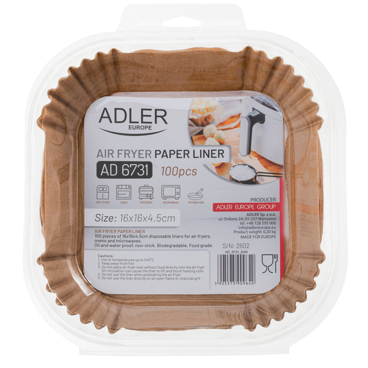 Inserții de hârtie pentru friteuza Adler, 16 cm, până la 240 °C, biodegradabile, 200 bucăți, AD 6731