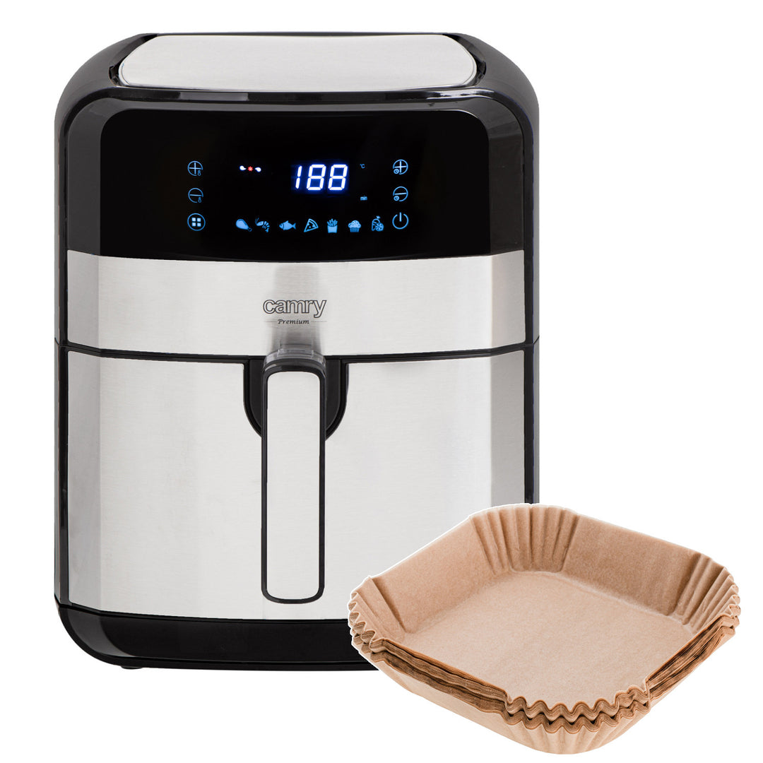 Friteuză fără ulei, 9 programe, 5,0 L, Airfryer, Camry CR 6311 + inserții de hârtie pentru friteuză, 16 cm, biodegradabile, 100 bucăți