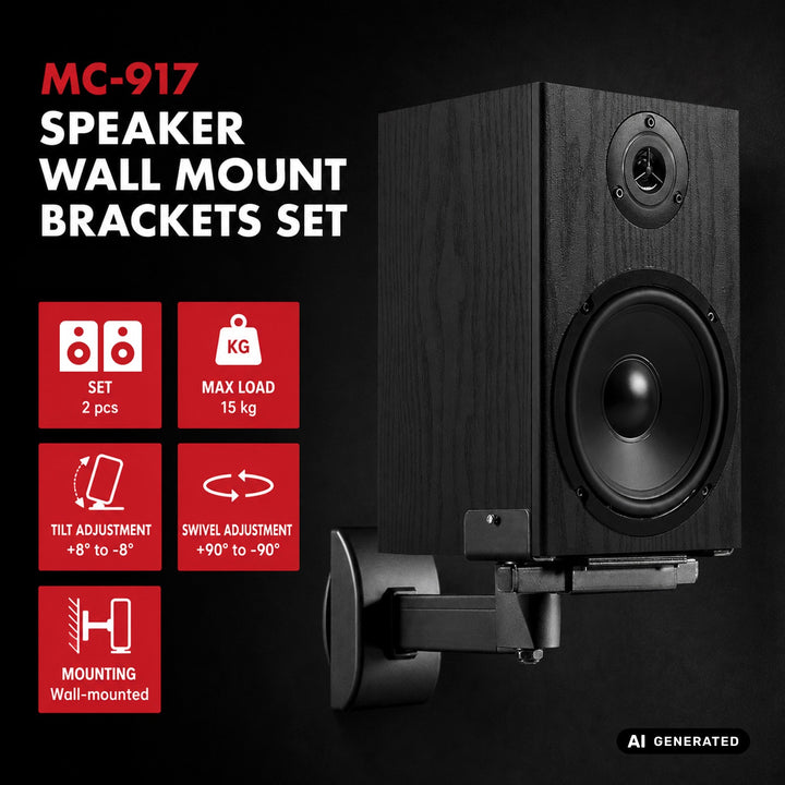 Set de suporturi / cârlige pentru difuzoare Maclean, universal, reglabil pe verticală +8°~-8° și pe orizontală +90°~-90°, max. 15 kg, MC-917