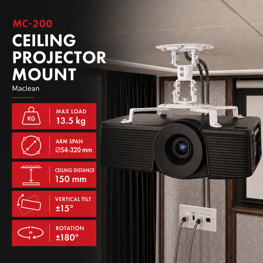 Suport / cârlig de tavan pentru proiector Maclean, 54~320 mm, până la 13,5 kg, rotație de 360 de grade MC-200 W