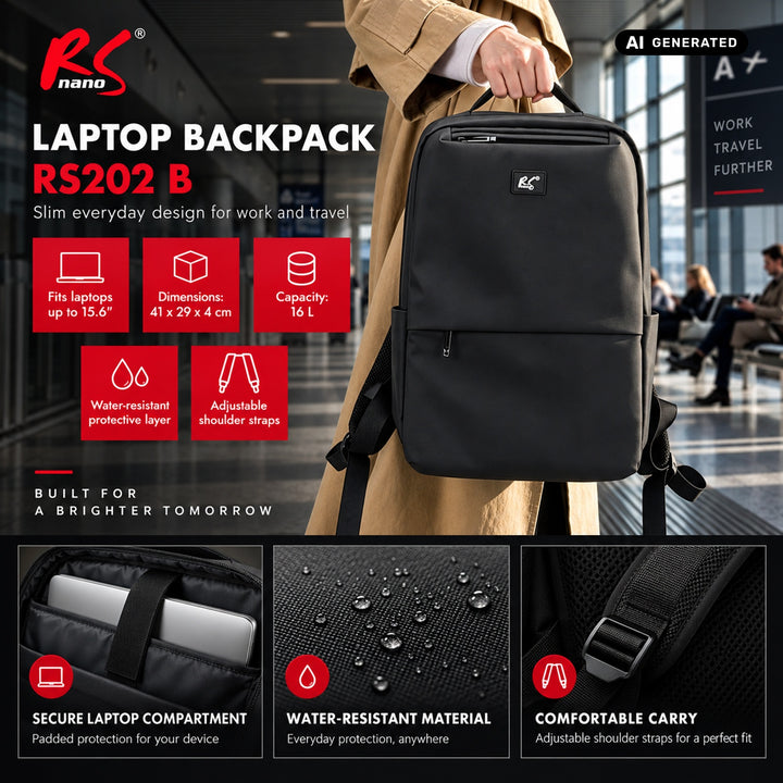 Rucsac pentru laptop NanoRS, 15,6", negru, 41x29x4, impermeabil RS202 B
