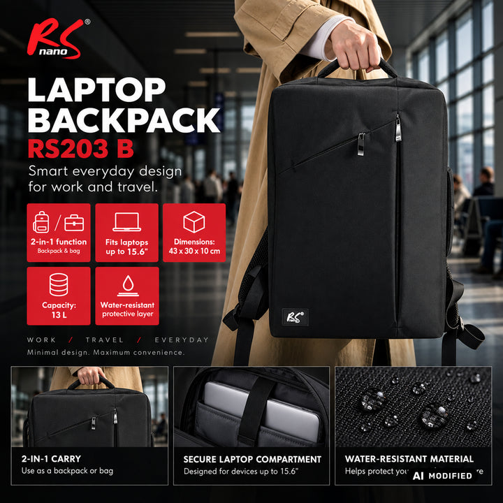 Rucsac pentru laptop NanoRS, 15,6", negru, 43x30x10, impermeabil RS203 B