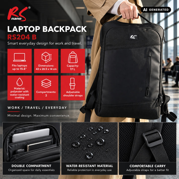 Rucsac pentru laptop NanoRS, 15,6", negru, 42x28,5x14, impermeabil RS204 B
