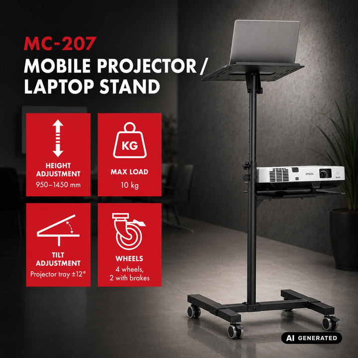 Măsuță mobilă pentru proiector/laptop Maclean, reglabilă, din oțel, max. 10 kg, MC-207