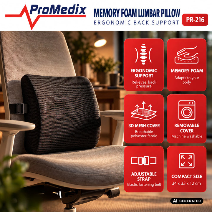 Pernă lombară din spumă cu memorie de formă Promedix, 34x31x12 cm, densitatea spumei: 50D, PR-216