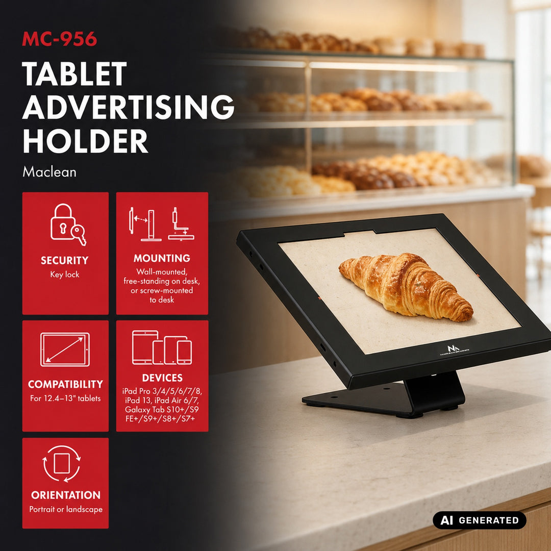 Suport publicitar pentru tabletă Maclean, cu sistem de blocare, 12,4"-13", iPad Air/Pro, Samsung Tab S10+/S9+/S8+/S7+, 257x350x22 mm, MC-956 B