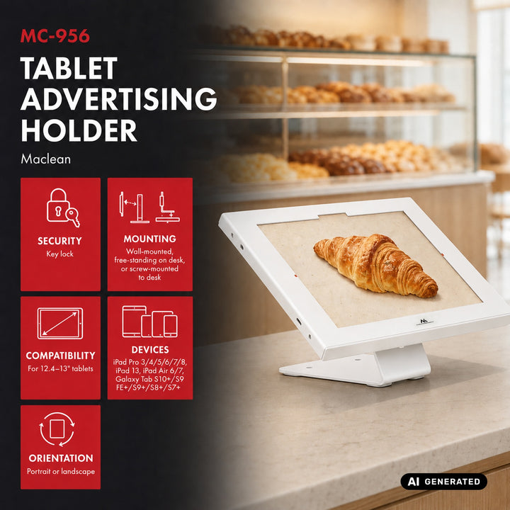 Suport publicitar pentru tabletă Maclean, cu sistem de blocare, 12,4"-13", iPad Air/Pro, Samsung Tab S10+/S9+/S8+/S7+, 257x350x22 mm, MC-956 W