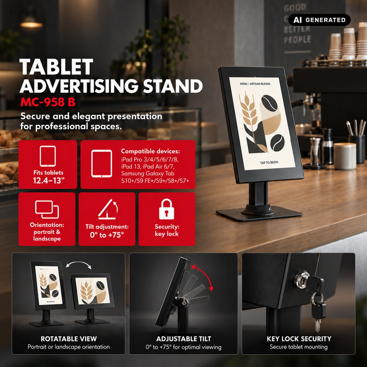 Suport publicitar pentru tabletă Maclean, cu sistem de blocare. 12,4"-13", iPad Air/Pro, Samsung Tab S10+/S9+/S8+/S7+, 257x350x22 mm, MC-958 B