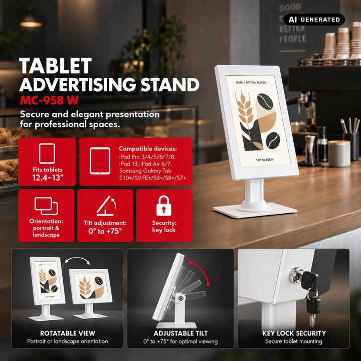 Suport publicitar pentru tabletă Maclean, cu sistem de blocare, 12,4"-13", iPad Air/Pro, Samsung Tab S10+/S9+/S8+/S7+, 257x350x22 mm, MC-958 W