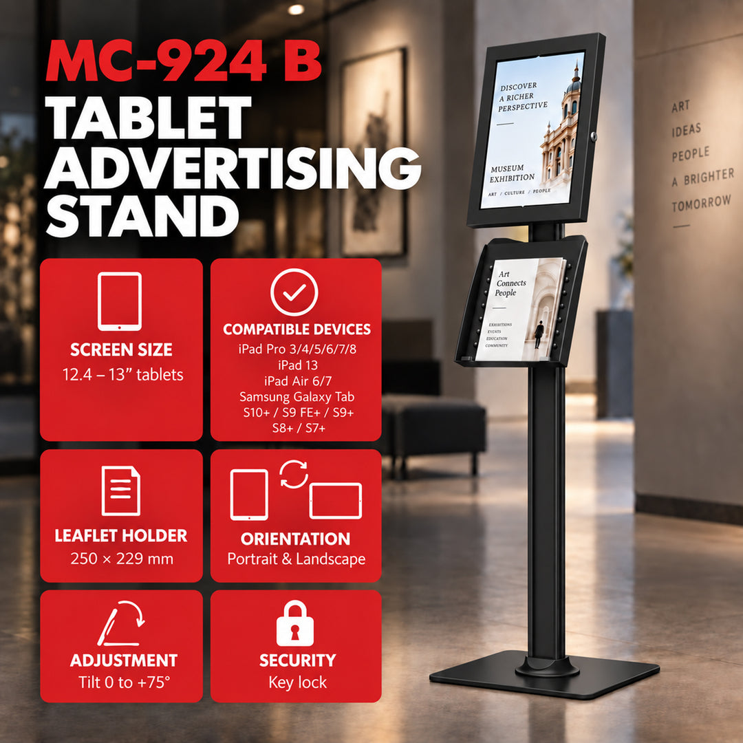 Suport publicitar pentru tabletă Maclean, cu sistem de blocare. 12,4"-13", iPad Air/Pro, Samsung Tab S10+/S9+/S8+/S7+, 257x350x22 mm, MC-924 B
