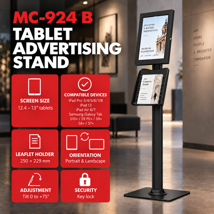 Suport publicitar pentru tabletă Maclean, cu sistem de blocare. 12,4"-13", iPad Air/Pro, Samsung Tab S10+/S9+/S8+/S7+, 257x350x22 mm, MC-924 B