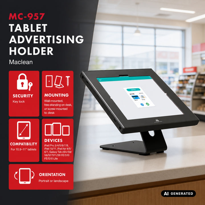 Suport publicitar pentru tabletă Maclean, cu sistem de blocare, 10,9"-11", iPad Air/Pro, Samsung Tab A și S Series, 220x323x22 mm, MC-957 B