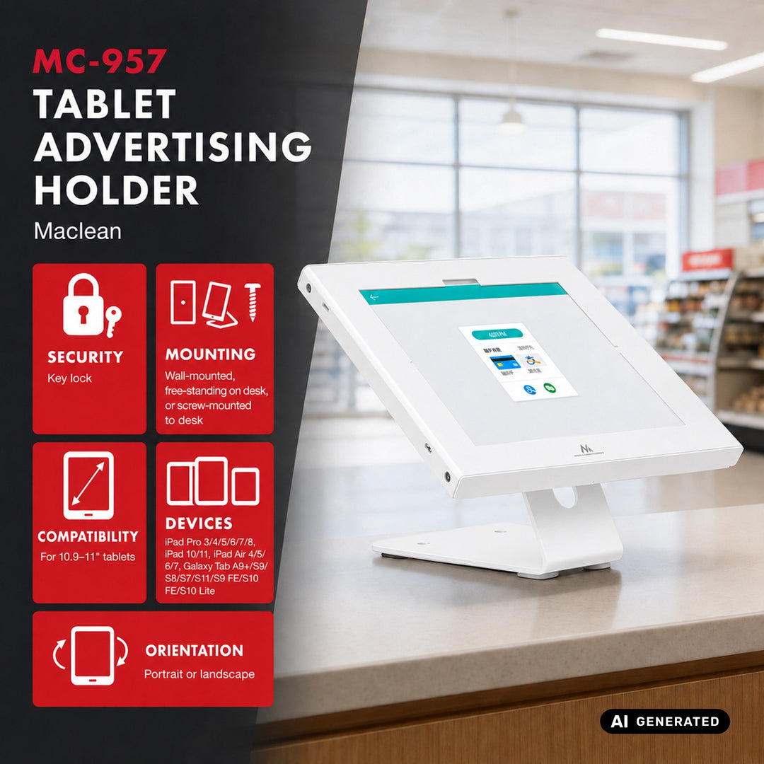 Suport publicitar pentru tabletă Maclean, cu sistem de blocare, 10,9"-11", iPad Air/Pro, Samsung Tab A&S Series, 220x323x22 mm, MC-957 W