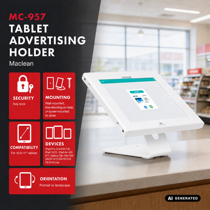 Suport publicitar pentru tabletă Maclean, cu sistem de blocare, 10,9"-11", iPad Air/Pro, Samsung Tab A&S Series, 220x323x22 mm, MC-957 W