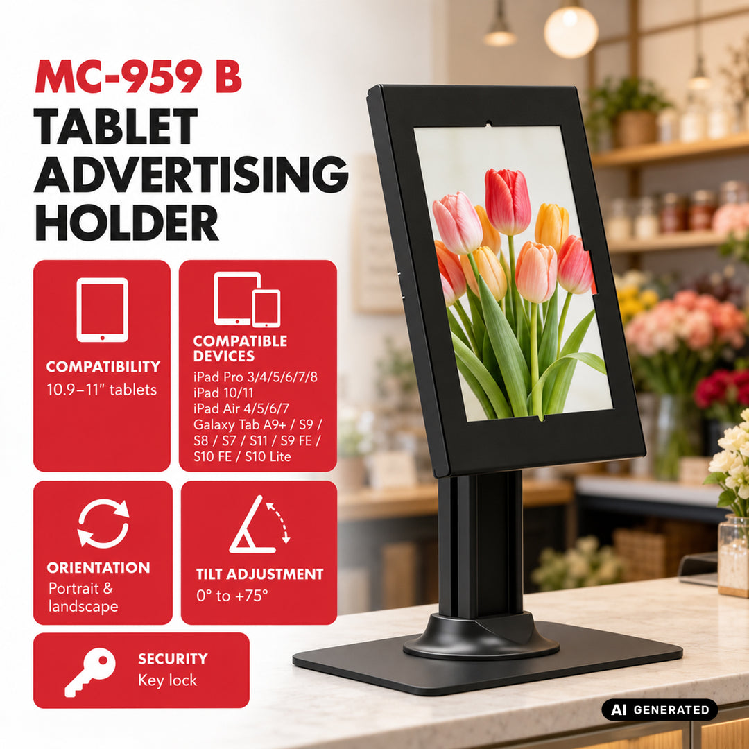 Suport publicitar pentru tabletă Maclean, cu sistem de blocare, 10,9"-11", iPad Air/Pro, Samsung Tab A și S Series, 220x323x22 mm, MC-959 B