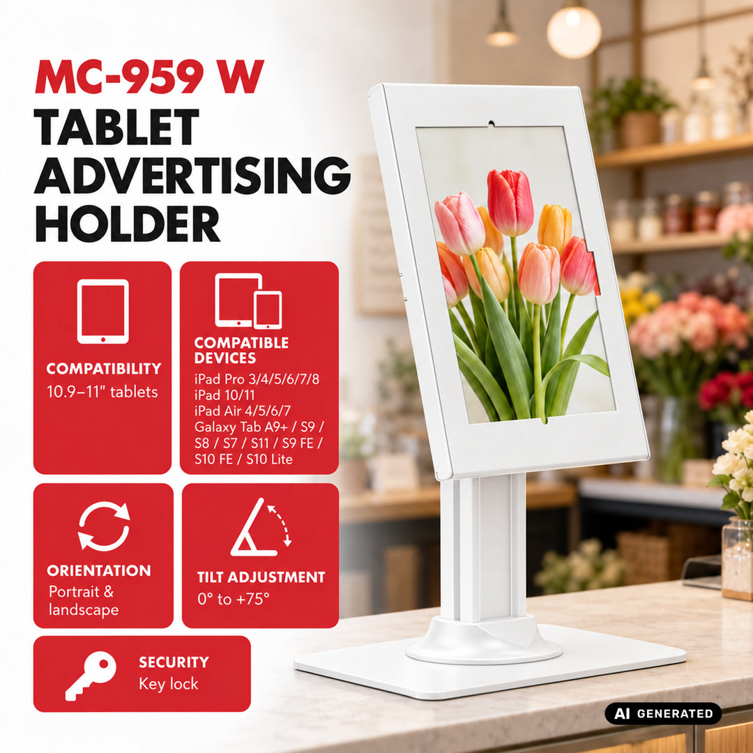 Suport publicitar pentru tabletă Maclean, cu sistem de blocare, 10,9"-11", iPad Air/Pro, Samsung Tab A&S Series, 220x323x22 mm, MC-959 W