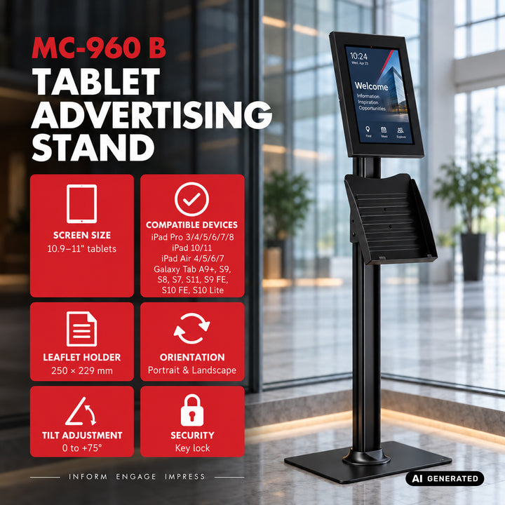 Suport publicitar pentru tabletă Maclean, cu sistem de blocare, 10,9"-11", iPad Air/Pro, Samsung Tab A&S Series, 220x323x22 mm, MC-960 B
