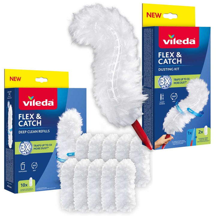 Vileda Flex&Catch făraș, cu mâner scurt, protecție antiderapantă, cap flexibil + 10 rezerve