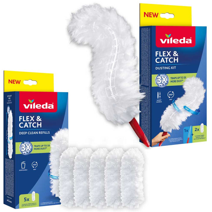 Vileda Flex&Catch făraș, cu mâner scurt, protecție antiderapantă, cap flexibil + 5 rezerve