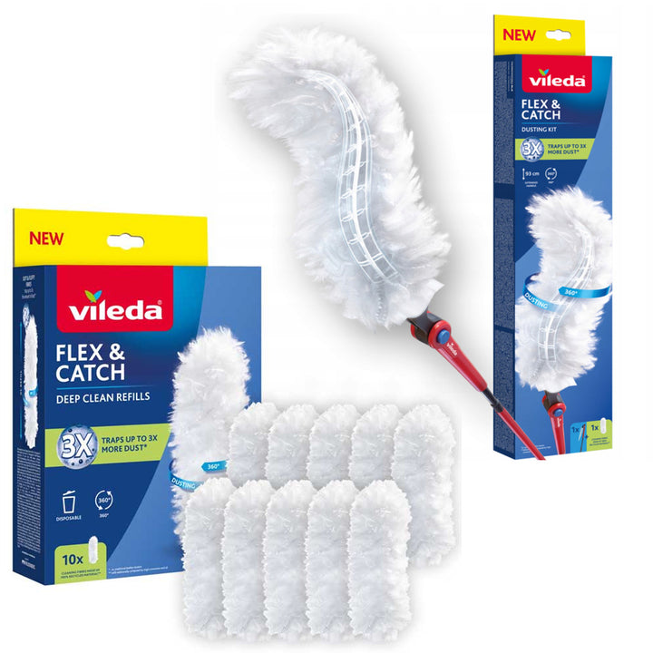Vileda Flex&Catch făraș, cu mâner lung, protecție antiderapantă, cap flexibil + 10 rezerve pentru făraș