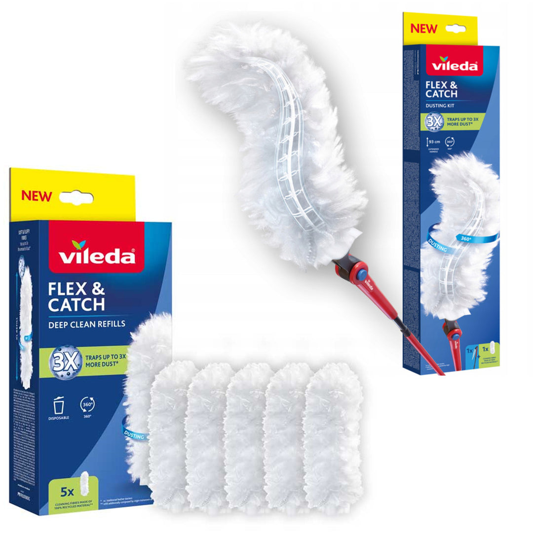 Vileda Flex&Catch făraș, cu mâner lung, protecție antiderapantă, cap flexibil + 5 rezerve pentru făraș