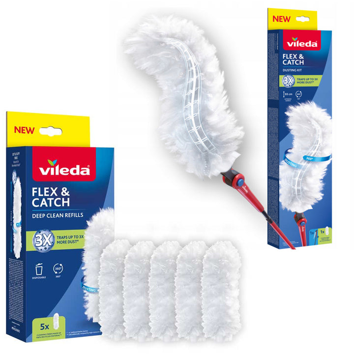 Vileda Flex&Catch făraș, cu mâner lung, protecție antiderapantă, cap flexibil + 5 rezerve pentru făraș