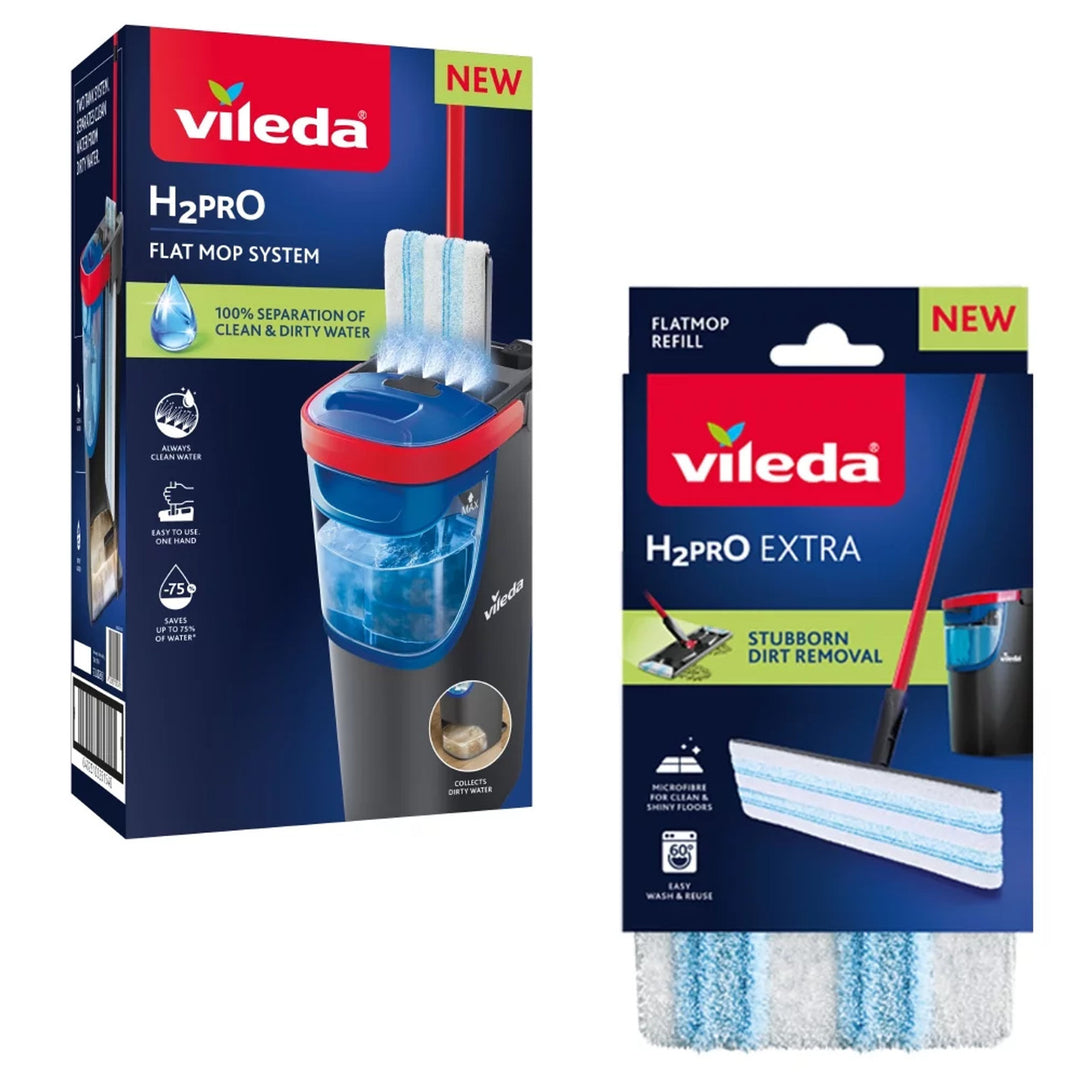 Mop plat Vileda H2prO, separare 100% a apei curate de cea murdară, două rezervoare, 2 tampoane din microfibră, capăt rotativ la 360°, 175774