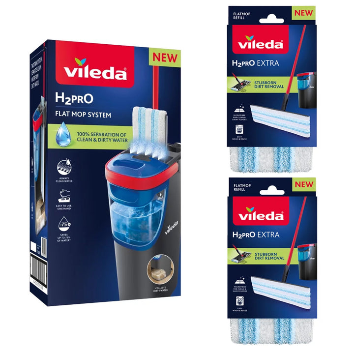 Mop plat Vileda H2prO, separare 100% a apei curate de cea murdară, două rezervoare, 3 tampoane din microfibră, vârf rotativ la 360°, 175774