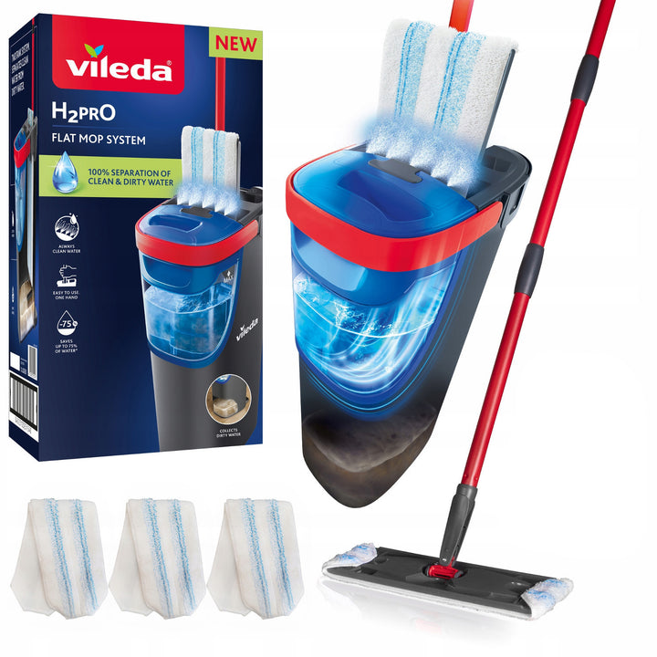 Mop plat Vileda H2prO, separare 100% a apei curate de cea murdară, două rezervoare, 3 tampoane din microfibră, vârf rotativ la 360°, 175774