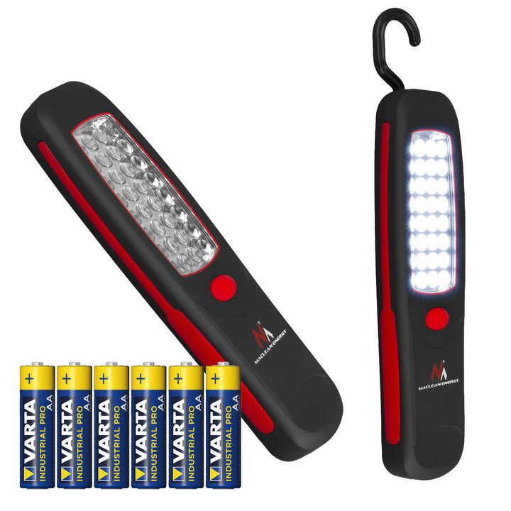 Lampă de atelier Maclean cu 24 LED-uri, magnet, cârlig, MCE03 2 bucăți + 6 baterii Varta Industrial LR6/AA R-06