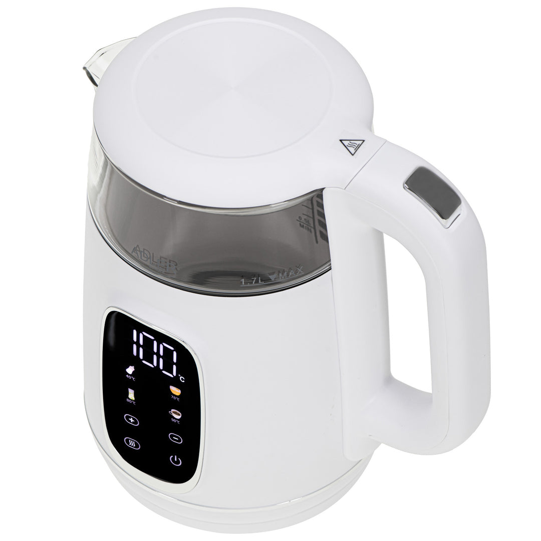 Ceainic electric din sticlă de 1,7 l cu control al temperaturii, LED, 40–100 °C, Adler AD 1305 WS alb