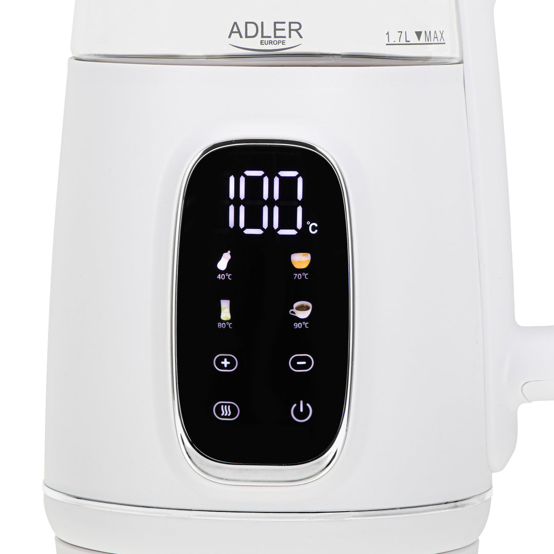 Ceainic electric din sticlă de 1,7 l cu control al temperaturii, LED, 40–100 °C, Adler AD 1305 WS alb