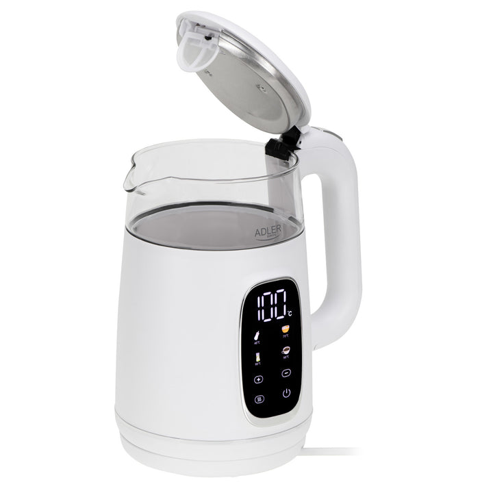 Ceainic electric din sticlă de 1,7 l cu control al temperaturii, LED, 40–100 °C, Adler AD 1305 WS alb