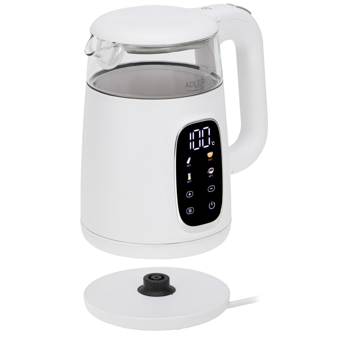 Ceainic electric din sticlă de 1,7 l cu control al temperaturii, LED, 40–100 °C, Adler AD 1305 WS alb