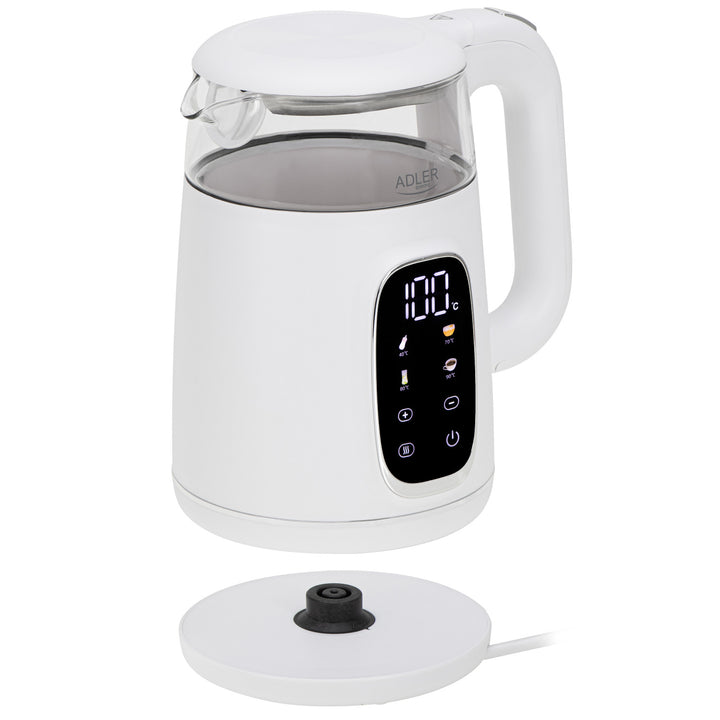 Ceainic electric din sticlă de 1,7 l cu control al temperaturii, LED, 40–100 °C, Adler AD 1305 WS alb