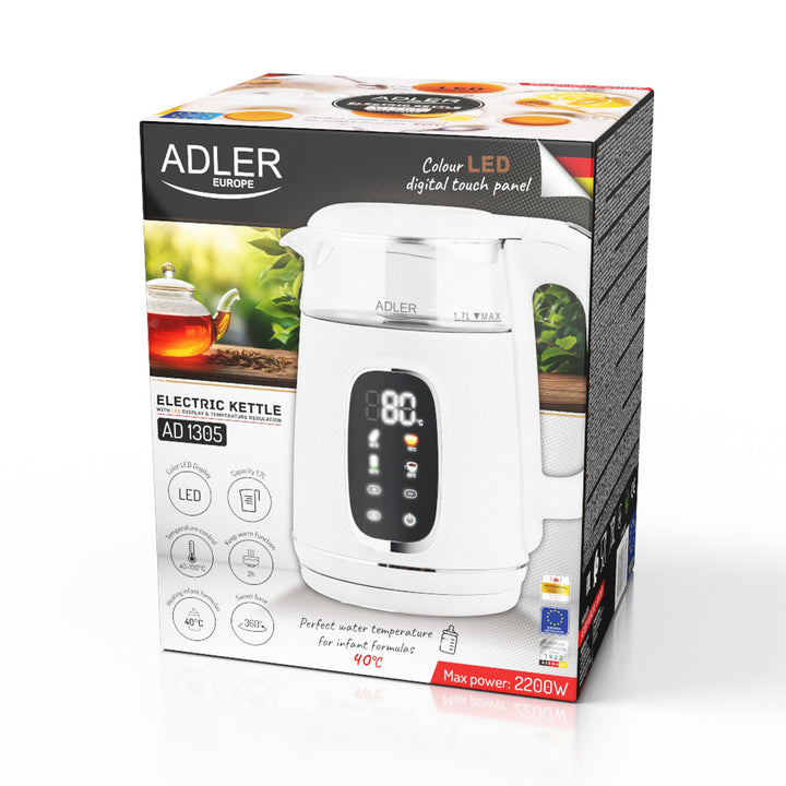 Ceainic electric din sticlă de 1,7 l cu control al temperaturii, LED, 40–100 °C, Adler AD 1305 WS alb