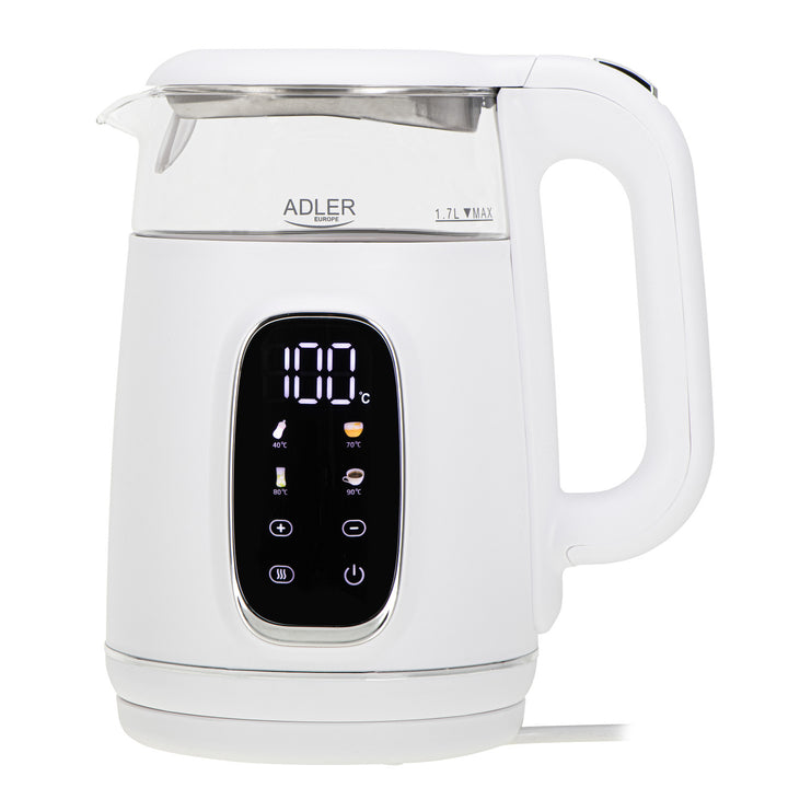Ceainic electric din sticlă de 1,7 l cu control al temperaturii, LED, 40–100 °C, Adler AD 1305 WS alb