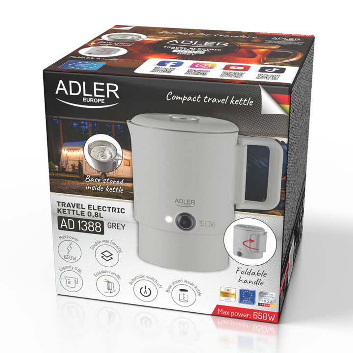 Ceainic electric Adler, ceainic de călătorie, pereți dubli, capacitate 0,8 l, putere maximă 650 W, gri, AD 1388