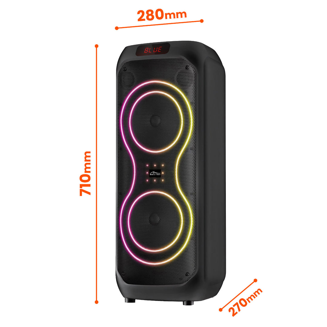 Difuzor Bluetooth mare, 120 W RMS/1400 W PMPO, două difuzoare de 8", egalizator, funcție karaoke, carduri MP3/microSD, USB, AUX, BT 5.3+EDR, afișaj, LED, baterie încorporată, telecomandă, MT3185