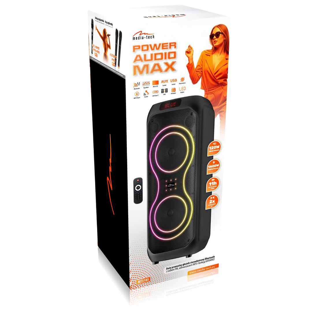 Difuzor Bluetooth mare, 120 W RMS/1400 W PMPO, două difuzoare de 8", egalizator, funcție karaoke, carduri MP3/microSD, USB, AUX, BT 5.3+EDR, afișaj, LED, baterie încorporată, telecomandă, MT3185