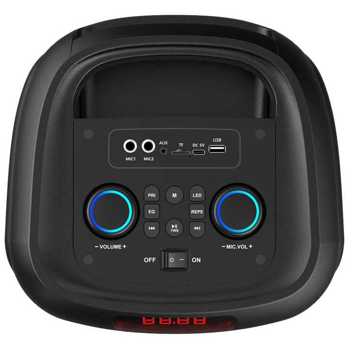 Difuzor Bluetooth mare, 120 W RMS/1400 W PMPO, două difuzoare de 8", egalizator, funcție karaoke, carduri MP3/microSD, USB, AUX, BT 5.3+EDR, afișaj, LED, baterie încorporată, telecomandă, MT3185