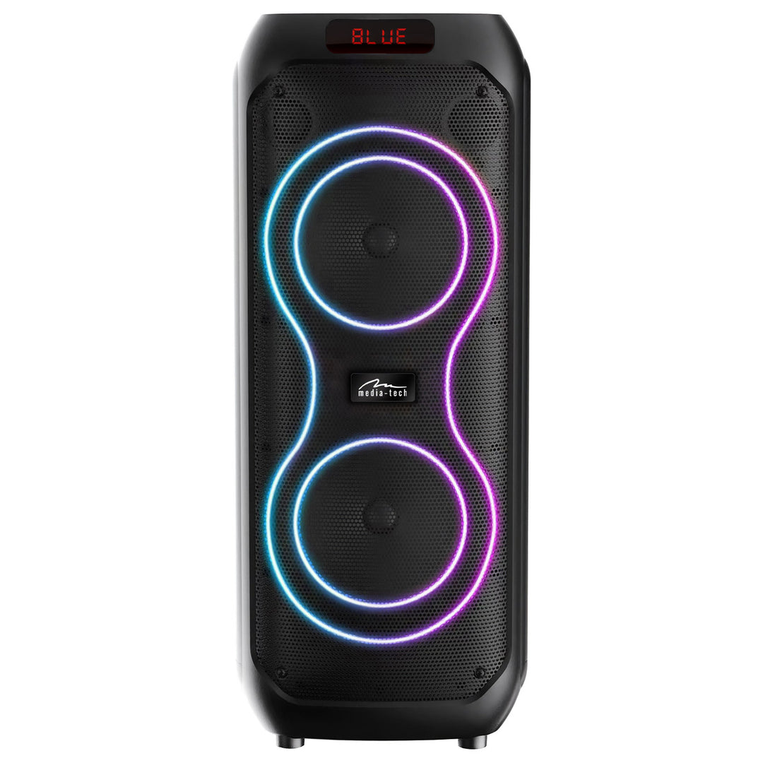 Difuzor Bluetooth mare, 120 W RMS/1400 W PMPO, două difuzoare de 8", egalizator, funcție karaoke, carduri MP3/microSD, USB, AUX, BT 5.3+EDR, afișaj, LED, baterie încorporată, telecomandă, MT3185