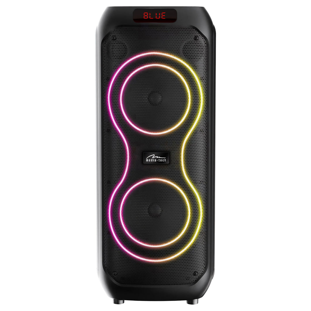 Difuzor Bluetooth mare, 120 W RMS/1400 W PMPO, două difuzoare de 8", egalizator, funcție karaoke, carduri MP3/microSD, USB, AUX, BT 5.3+EDR, afișaj, LED, baterie încorporată, telecomandă, MT3185