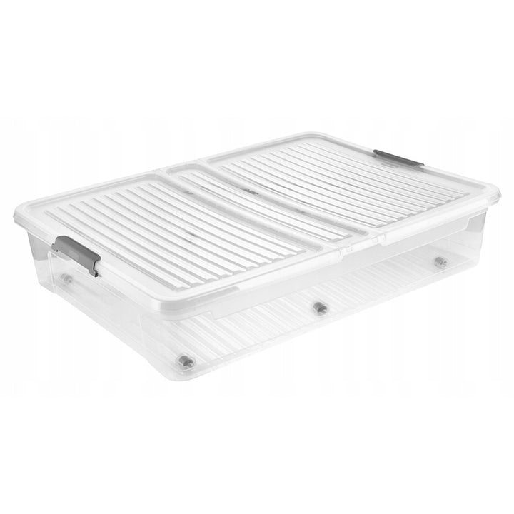 Recipient cu capac Leo Keeeper, capacitate 53 l, transparent, prevăzut cu roți, capac cu închidere prin cleme