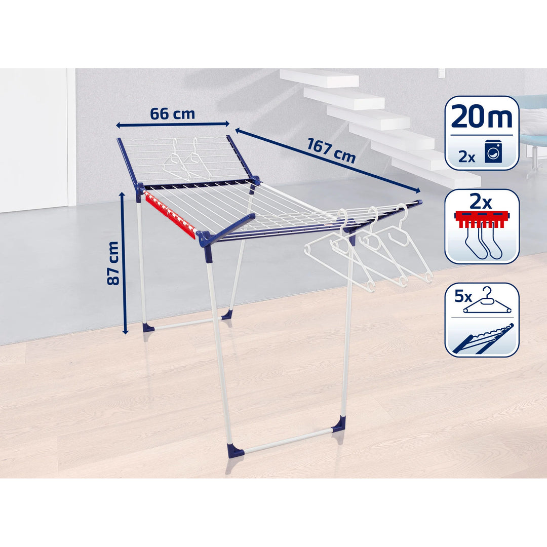 Leifheit Pegasus 200 Suport de uscare solid, lungime linie 20 m, picioare paralele stabile, rezistent la intemperii, 2 cleme pentru rufe, 81520