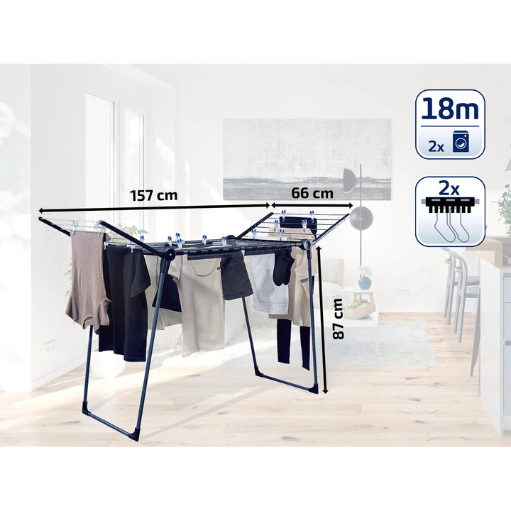 Leifheit Pegasus 180 Solid Black Uscător de rufe, lungime linie 18 m, picioare paralele stabile, rezistent la intemperii, 2 cleme pentru rufe, 81589
