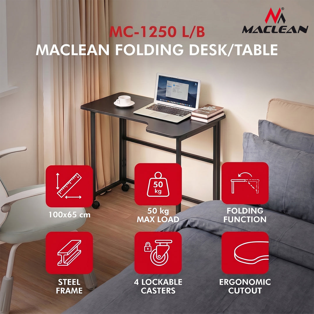 Birou pliabil Maclean, negru, mobil, 100x65 cm, max. 50 kg, în formă de L, MC-1250 L/B