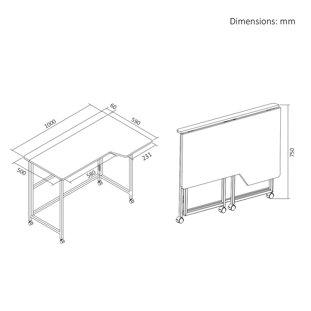Birou pliabil Maclean, alb, mobil, 100x65 cm, max. 50 kg, în formă de L, MC-1250 L/W