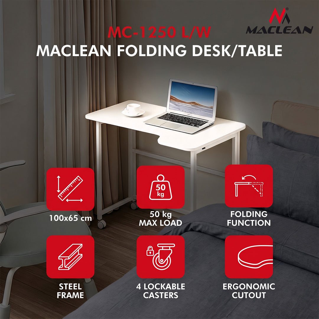 Birou pliabil Maclean, alb, mobil, 100x65 cm, max. 50 kg, în formă de L, MC-1250 L/W